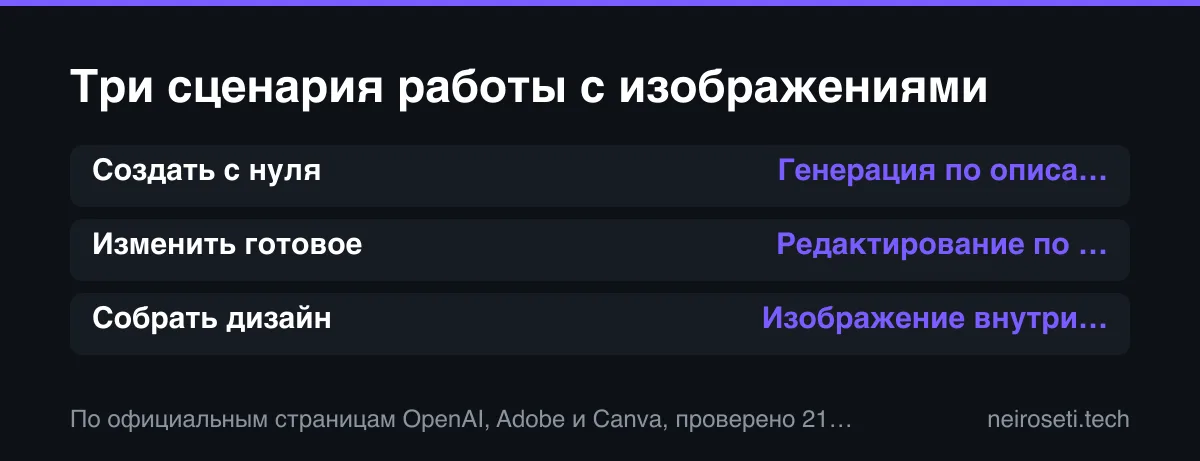 Три сценария для нейросети изображений: создание, редактирование и сборка дизайна