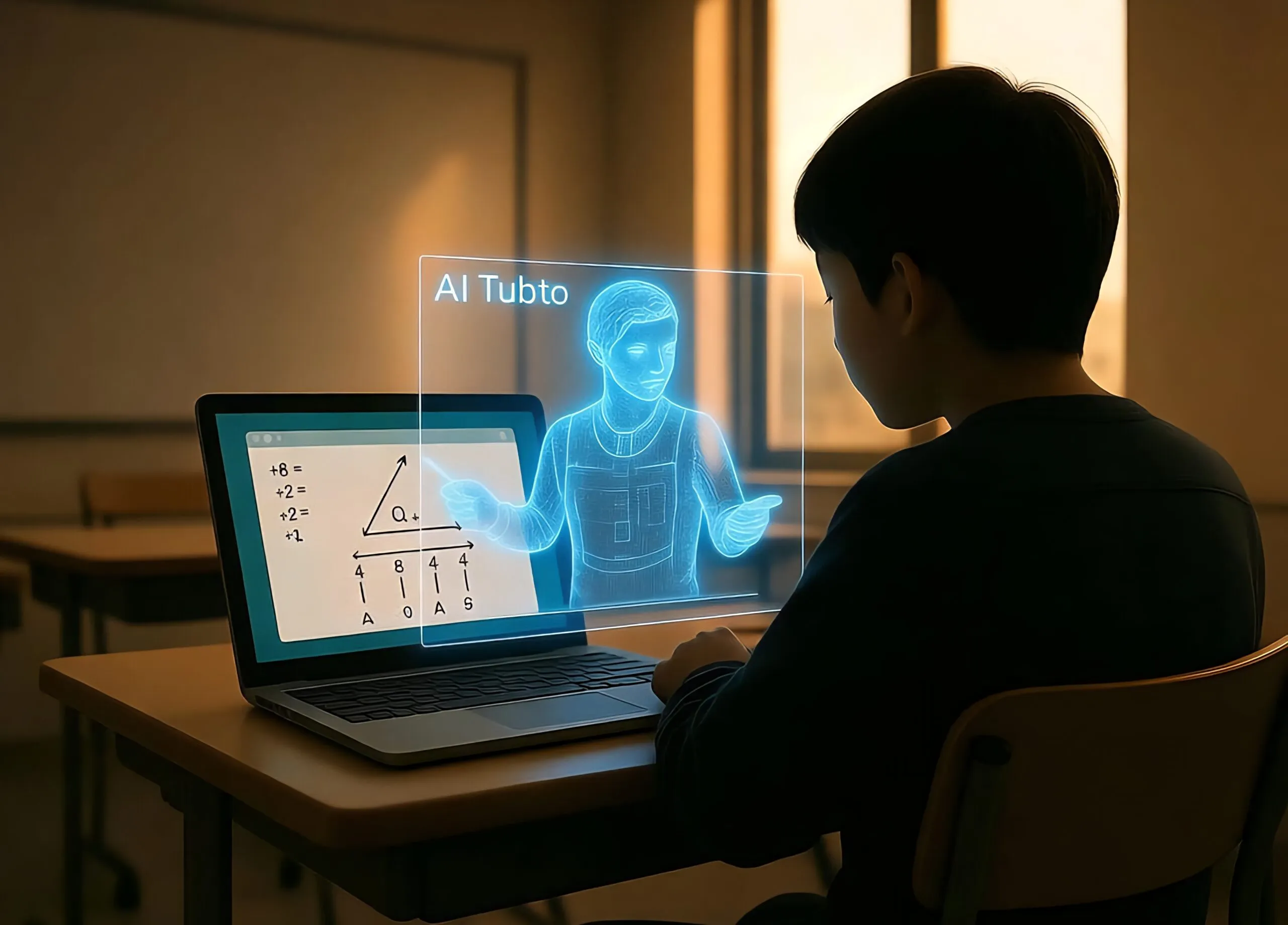 AI-репетитор на экране ноутбука объясняет студенту пошаговое решение задачи