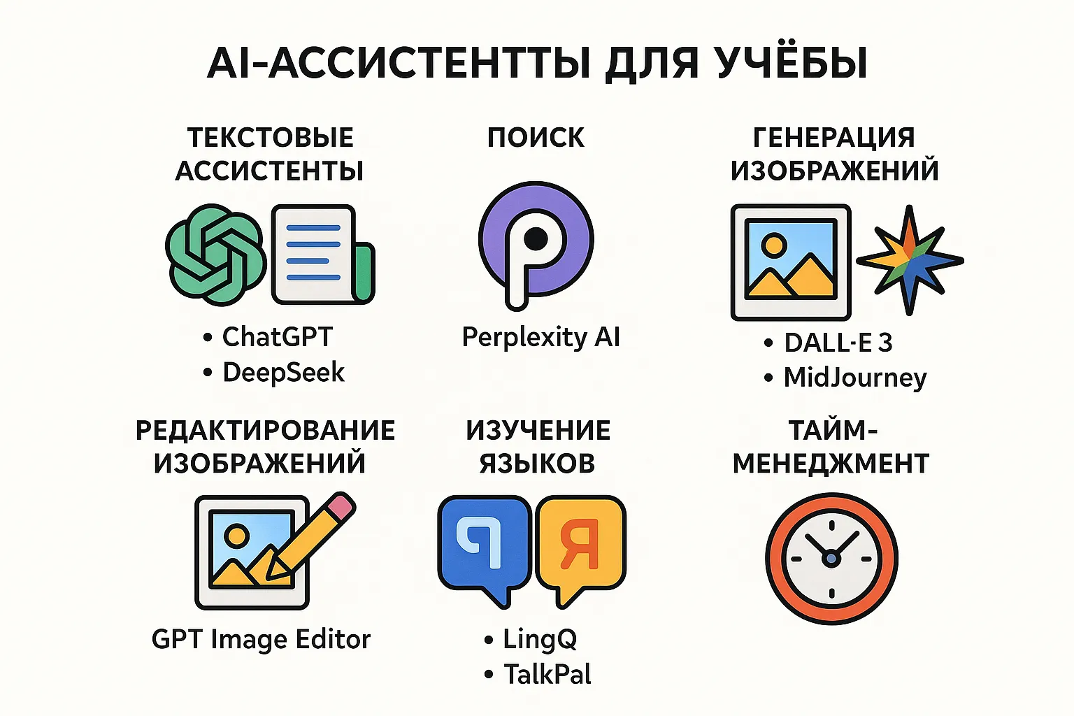 Инфографика: AI-ассистенты для учёбы — тексты, поиск, изображения, редактирование, языки, тайм-менеджмент